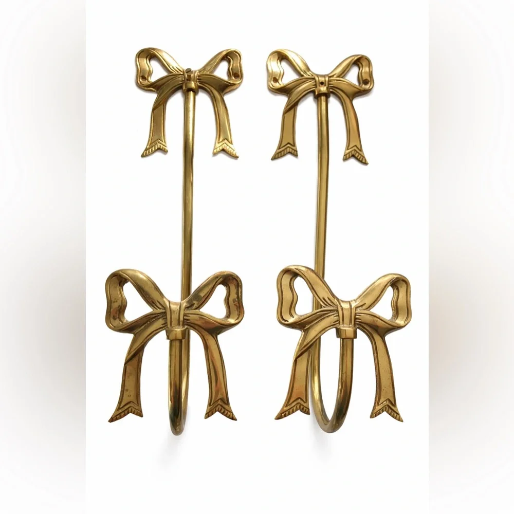 Vintage Solid Brass Ribbon Curtain Tieback Hollywood Regency Double Bow Hook